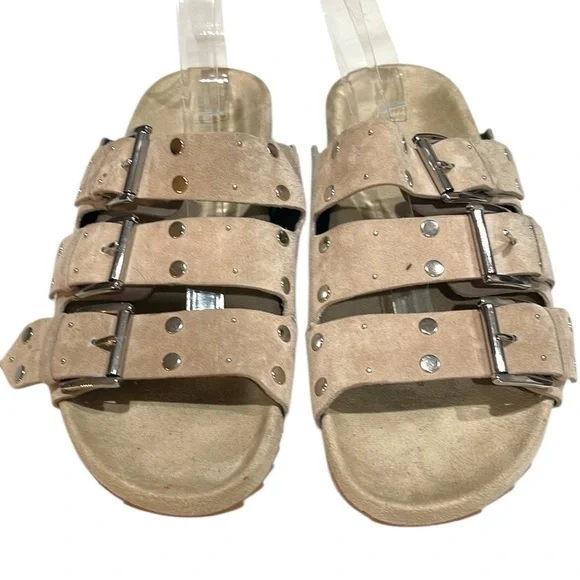Rebecca Minkoff Triple Strap Tania Studded Slide Sandals Sahara Tan Suede SZ 9.5 - Picture 2 of 9